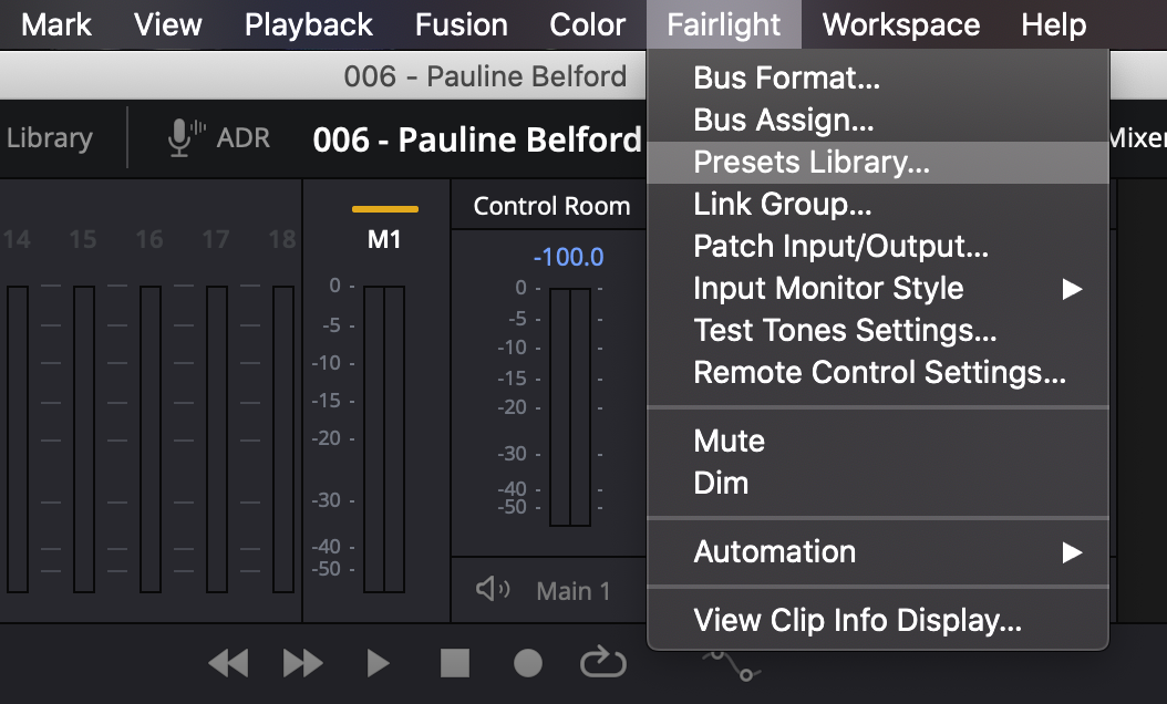 DaVinci Resolve Fairlight Menu Screenshot of DaVinci Resolve Fairlight Menu