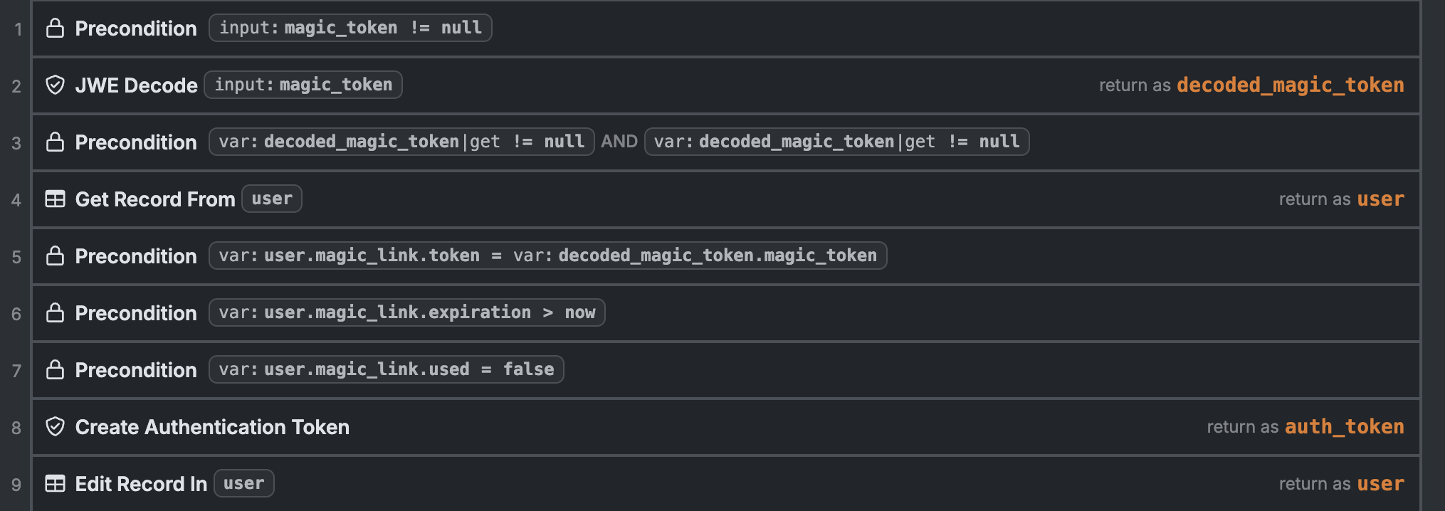 Xano `generate_magic_link` workflow Screenshot of Xano margic-login workflow