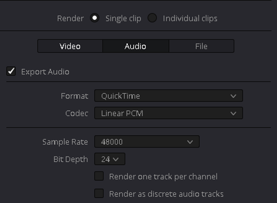 DaVinci Resolve export audio settings Screenshot of DaVinci Resolve export audio settings
