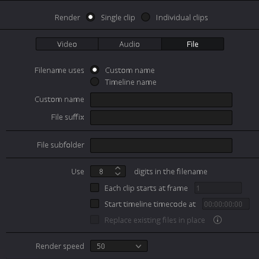 DaVinci Resolve export file settings Screenshot of DaVinci Resolve export file settings