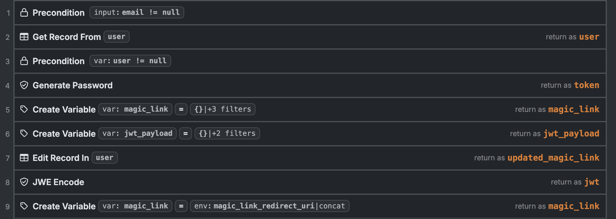 Xano `generate_magic_link` function workflow Screenshot of Xano generate_magic_link workflow