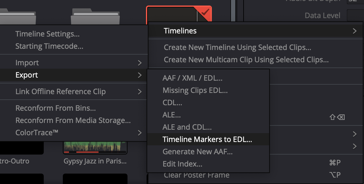 DaVinci Resolve timeline export menu Screenshot of DaVinci Resolve timeline export menu