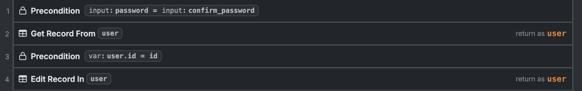 Xano `update-password` workflow Screenshot of Xano update-password workflow