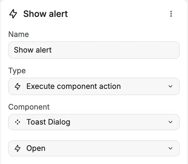 Execute component action settings Screenshot of Execute component action settings