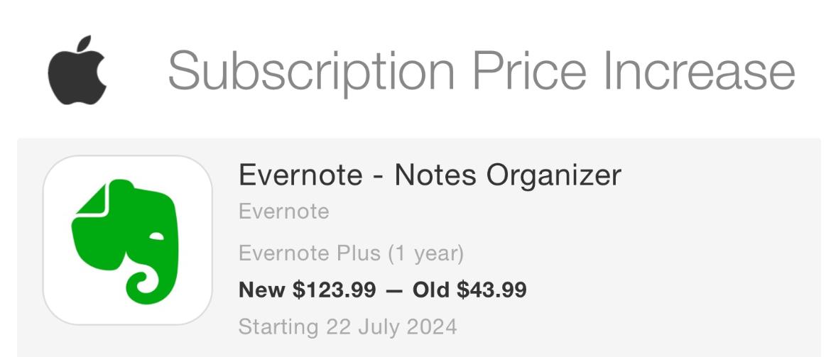 Screenshot of Evernote price increase notification