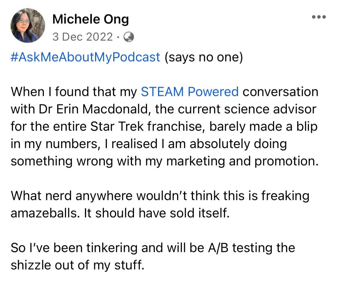 Tweet by @itsmicheleong remarking on a failure to promote her podcast