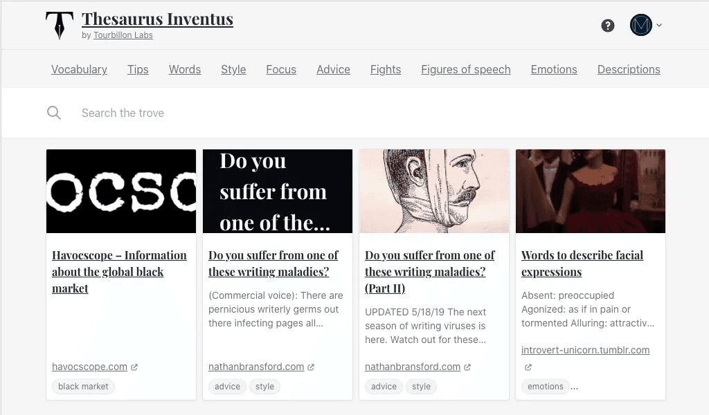 Screenshot of the Thesaurus Inventus UI