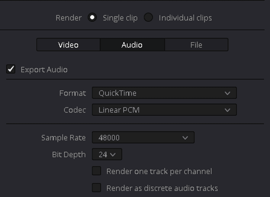 Screenshot of DaVinci Resolve export audio settings