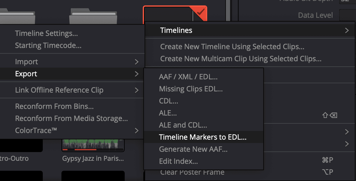 Screenshot of DaVinci Resolve timeline export menu