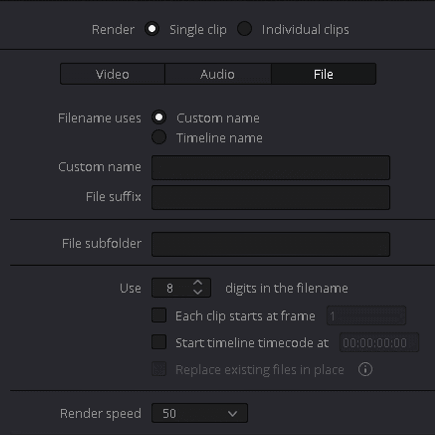 Screenshot of DaVinci Resolve export file settings